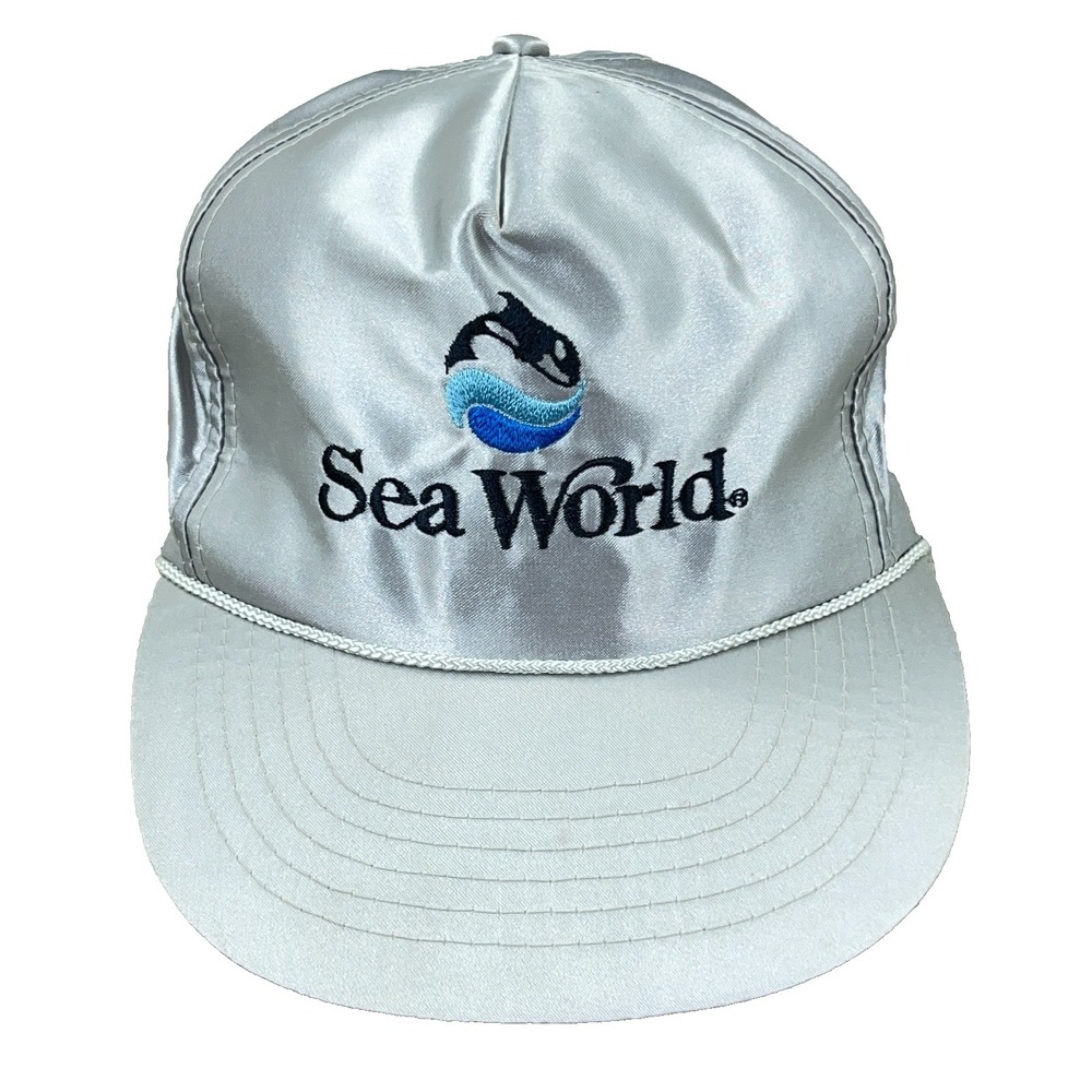 Vintage Sea World Hat Cap Gray Nylon Strap Back 90s Y2K Promo Rope Trucker Adult